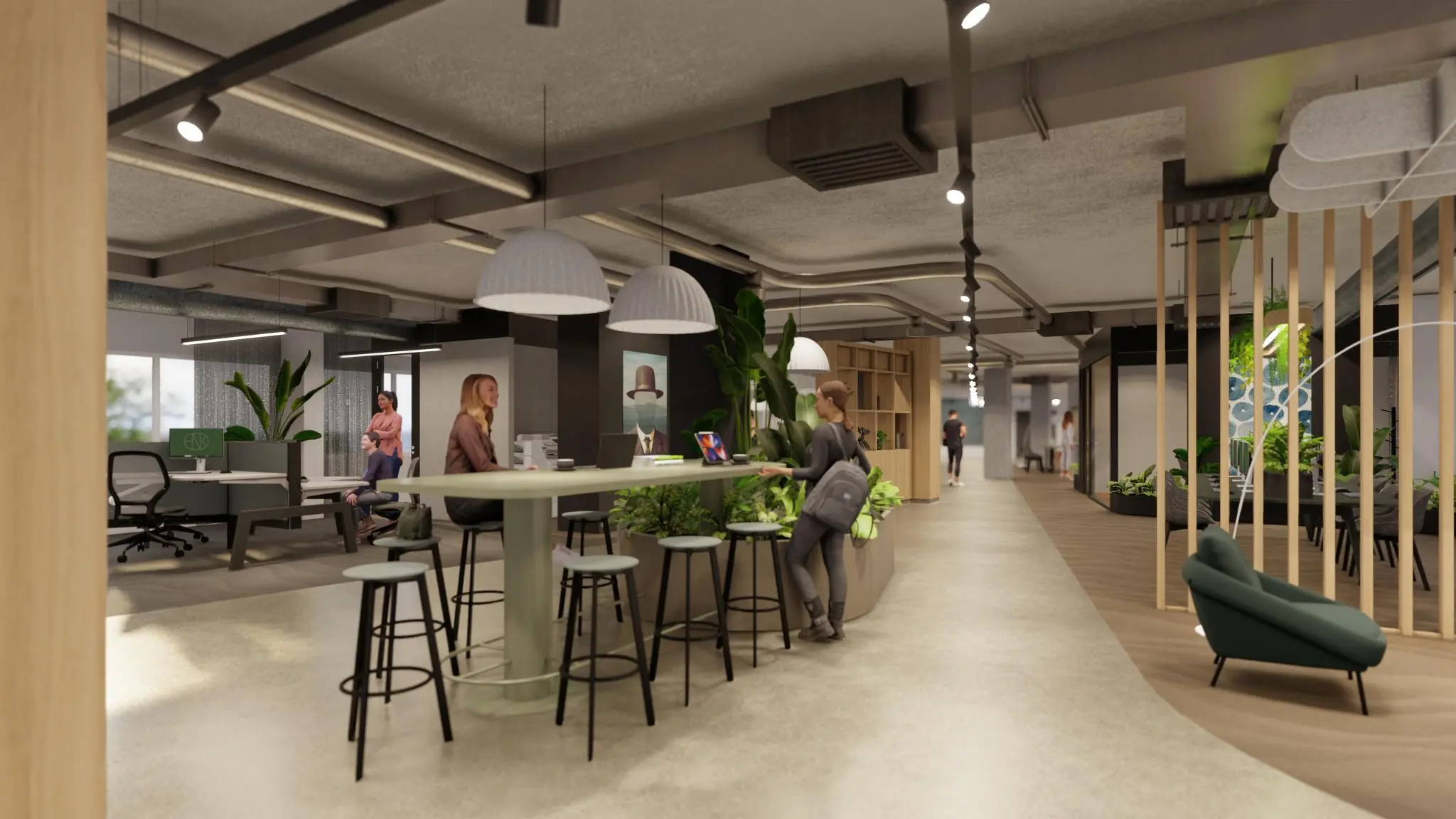 Moderne kantoorruimte aan de Marten Meesweg met open werkplekken, zitplekken en veel groen.